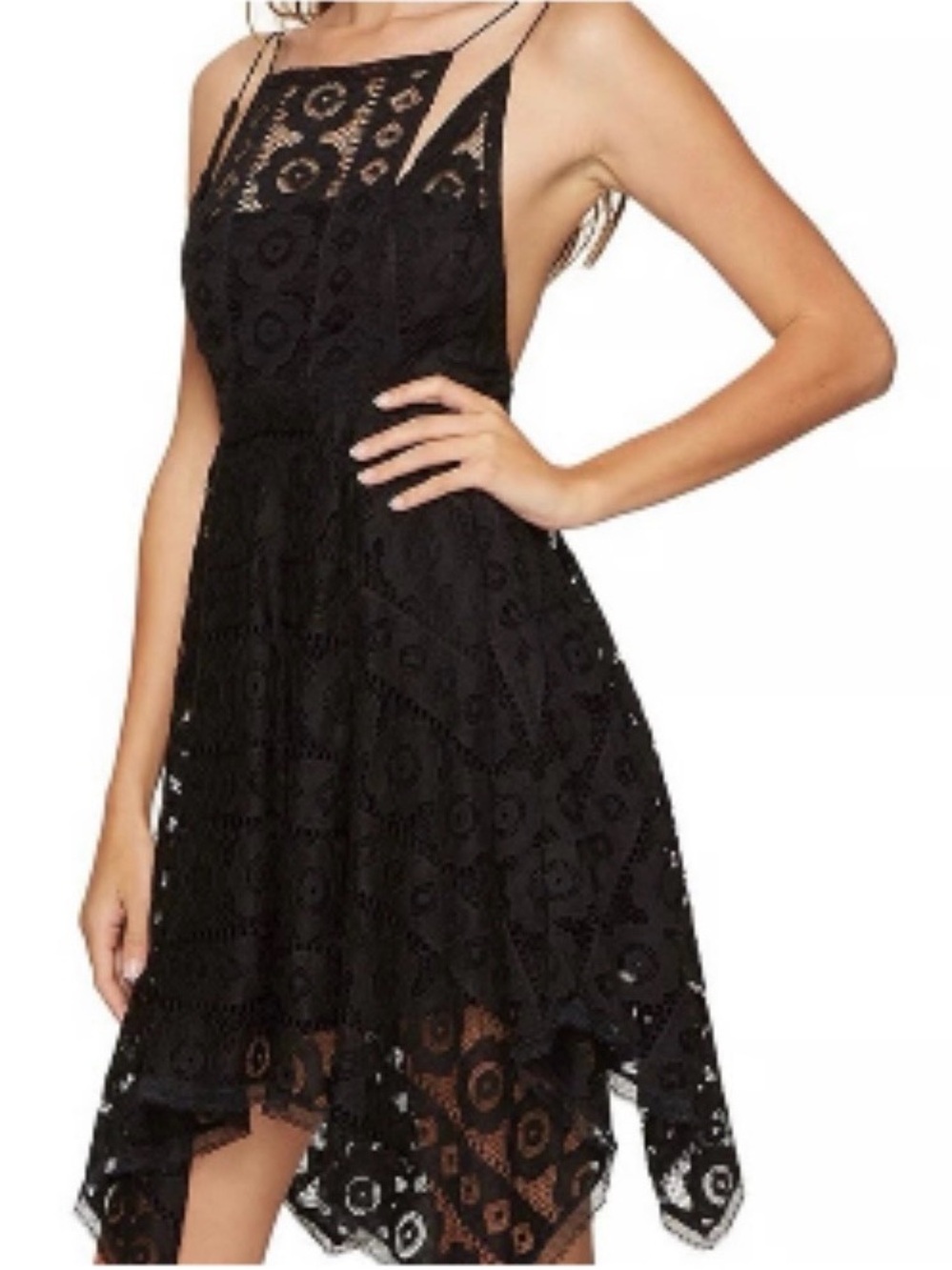 Free People Just Like Honey Lace Mini Asymmetrical Hem Black Dress Sz. 6